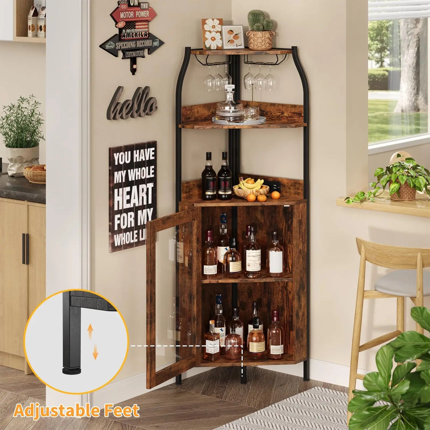 HiMISS Corner Bar Cabinet With LED Lights And Wine Rack