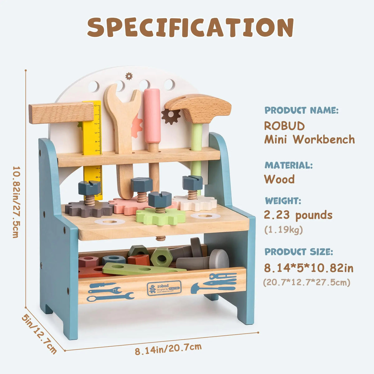 Robud Mini Wooden Montessori Tool Workbench Play Set