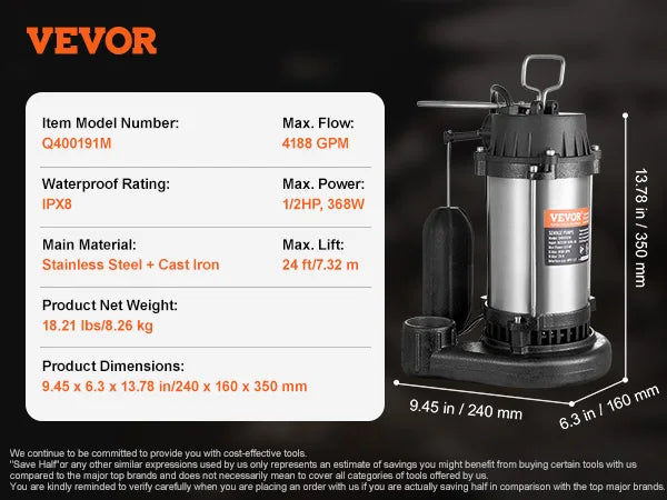 SucceBuy Submersible Sewage Pump Cast Iron with Automatic Float Switch Stainless Steel for Clean Flooded Basement Yard Farm