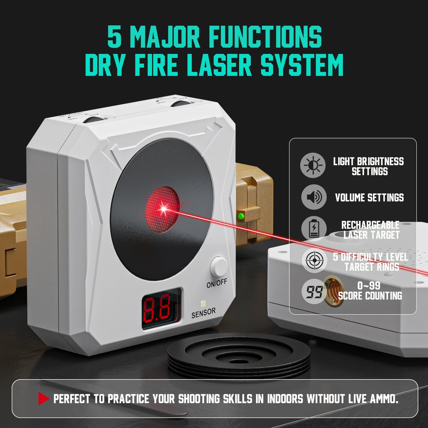 Portable rechargeable laser target, adjustable brightness and volume, five difficulty levels shooting training equipment.