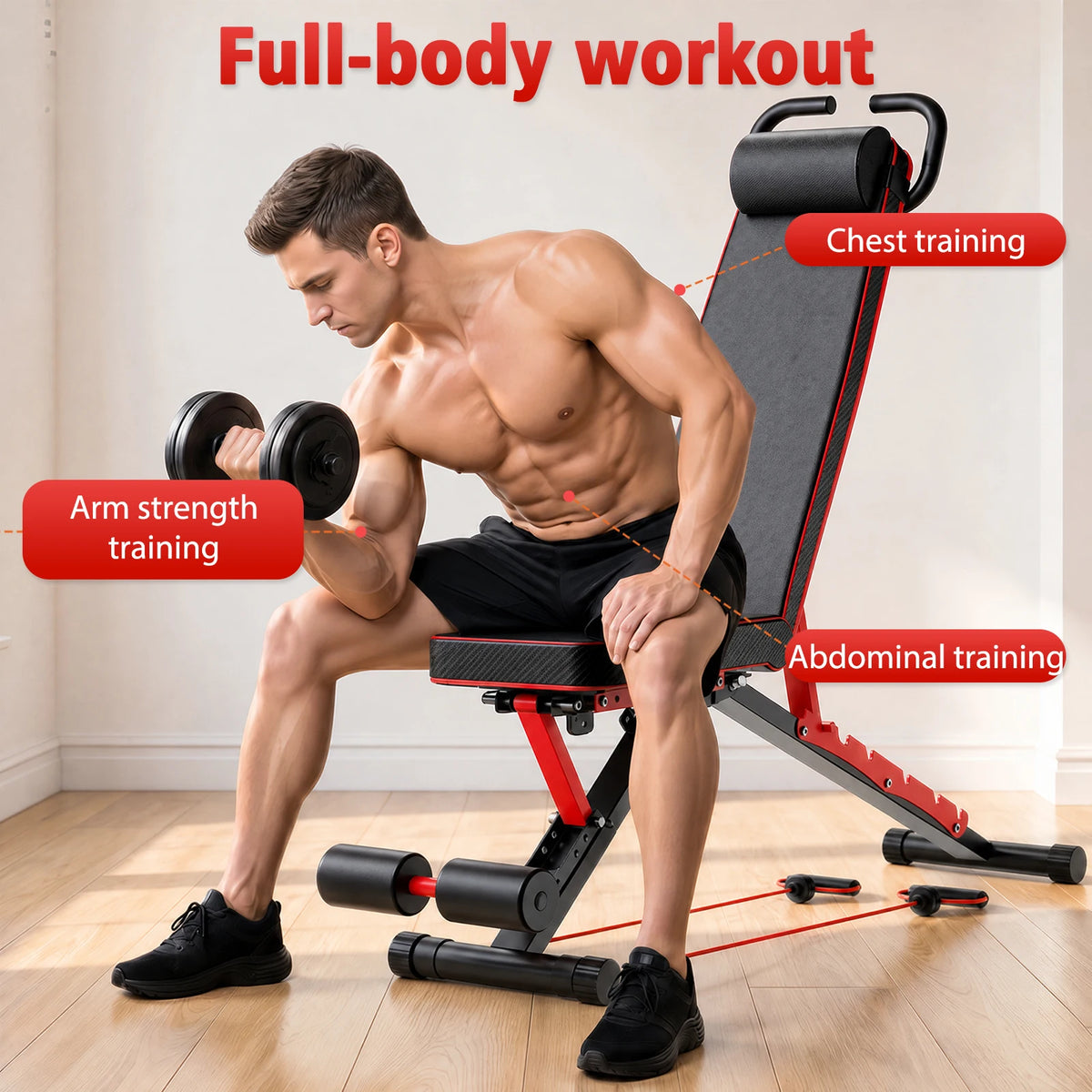 Foldable Weight Bench With Adjustable Backrest And Resistance Bands