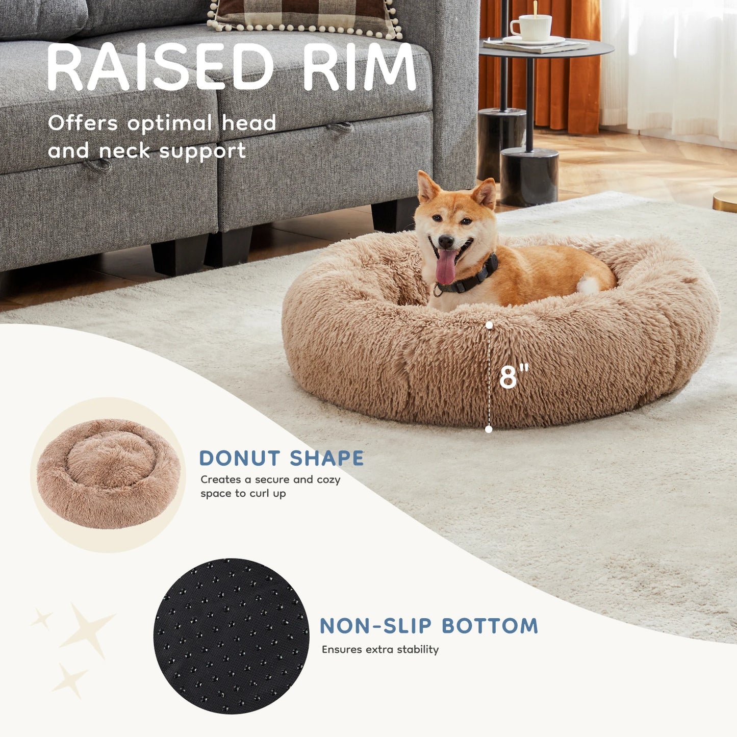 MCQ Round Faux Fur Plush Dog Bed Anti Slip Cushion