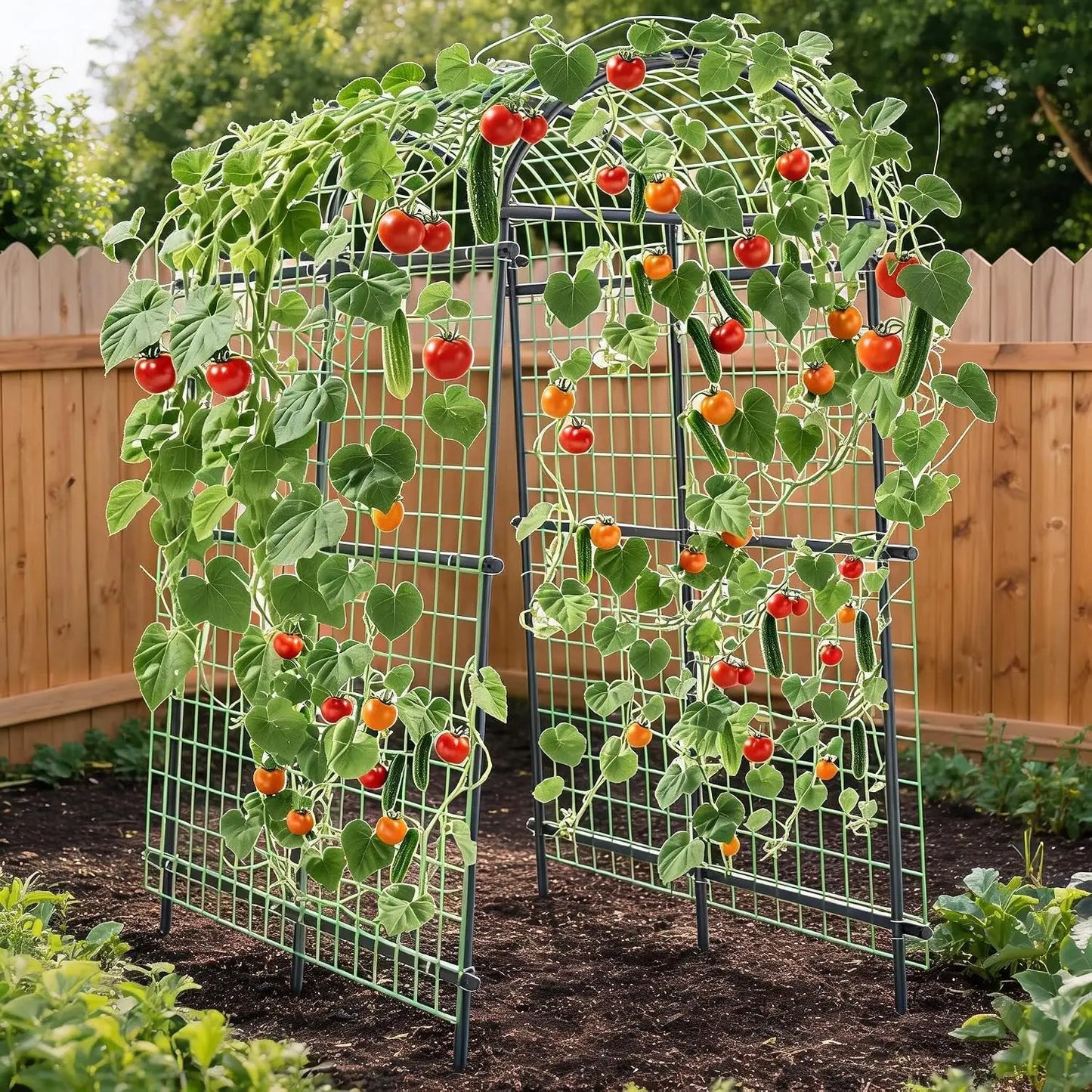 Tacleekii 7.5FT Tall Metal Garden Arch Trellis U-Shape for Raised Beds Plant Support Rust Resistant Coating, Tool Free Plug In, Lifts Fruit Off Ground, For Cucumber Grapes Roses Cucumber, Backyard Archway