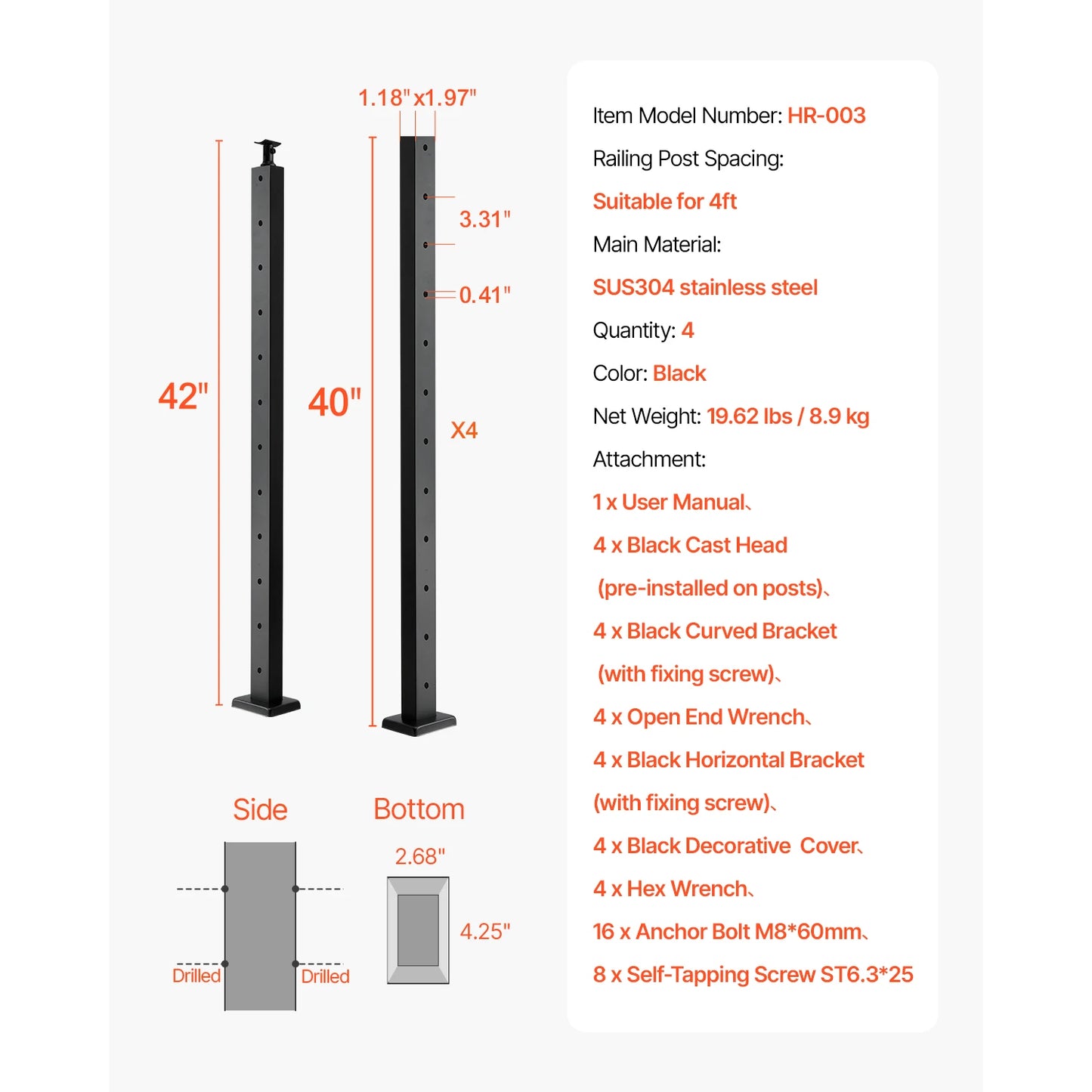 SucceBuy 4Pcs Cable Railing Post 42x1x2In Horizontal-Hole Post w/ Pre-Drilled Hole Stainless Steel w/ Horizontal Curved Bracket
