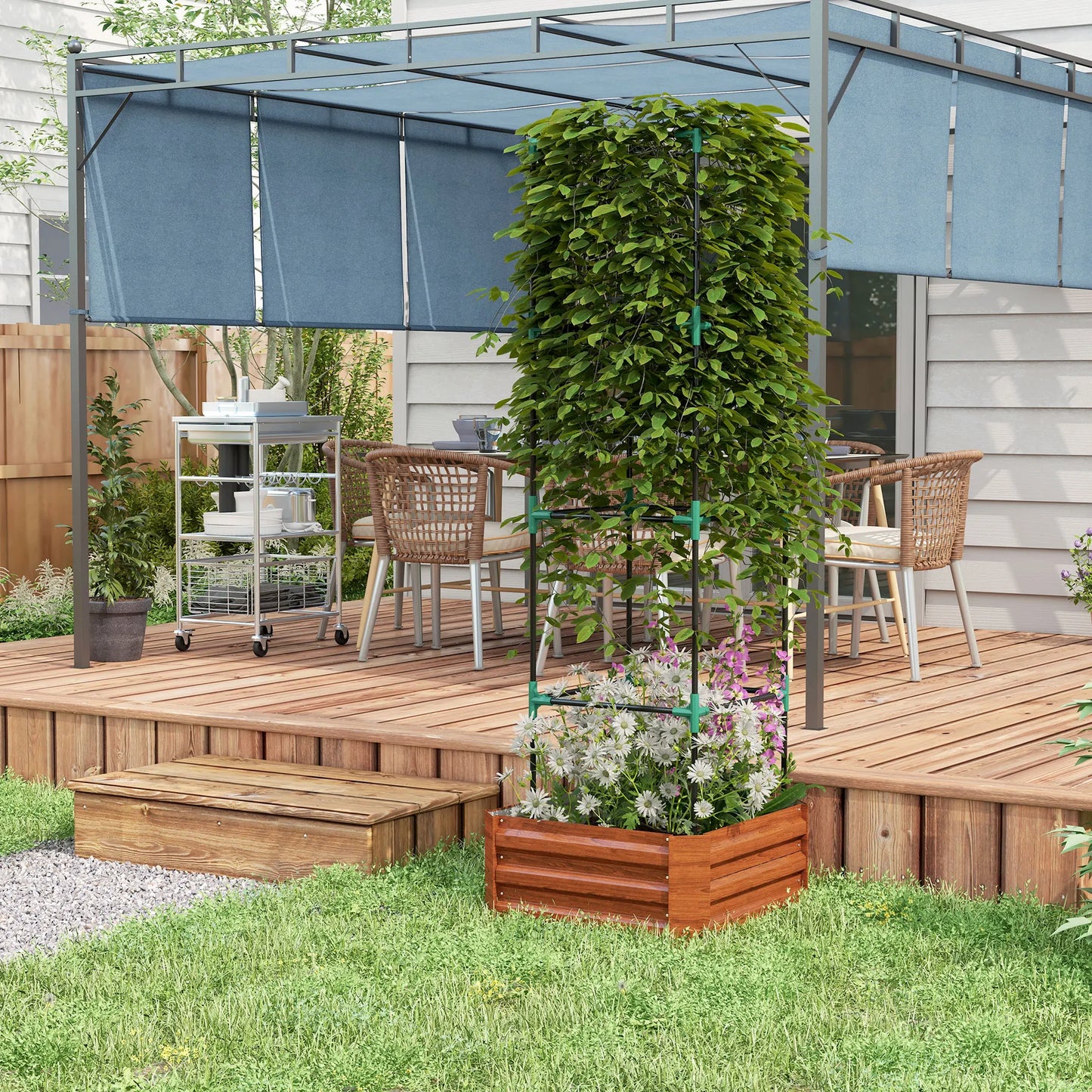 Galvanised Raised Garden Bed with Tomato Cage, Open Bottom, Brown