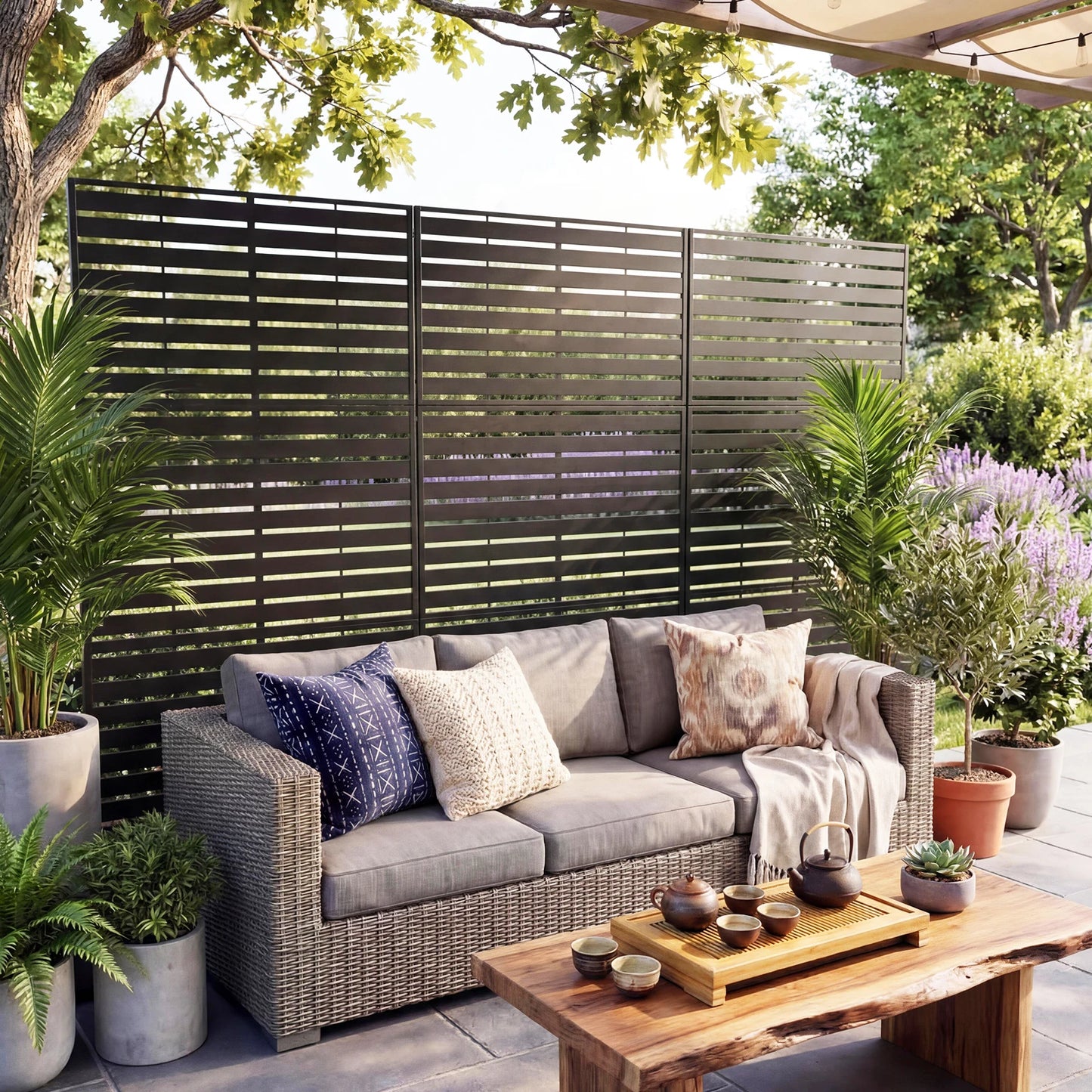 Freestanding Metal Outdoor Privacy Screen Fence - 78" H x 48" W - Rustproof Steel Divider, Modern Laser Cut, Weatherproof, Decorative Panel for Patio, Garden, Balcony, Pool, Room, Hot Tub