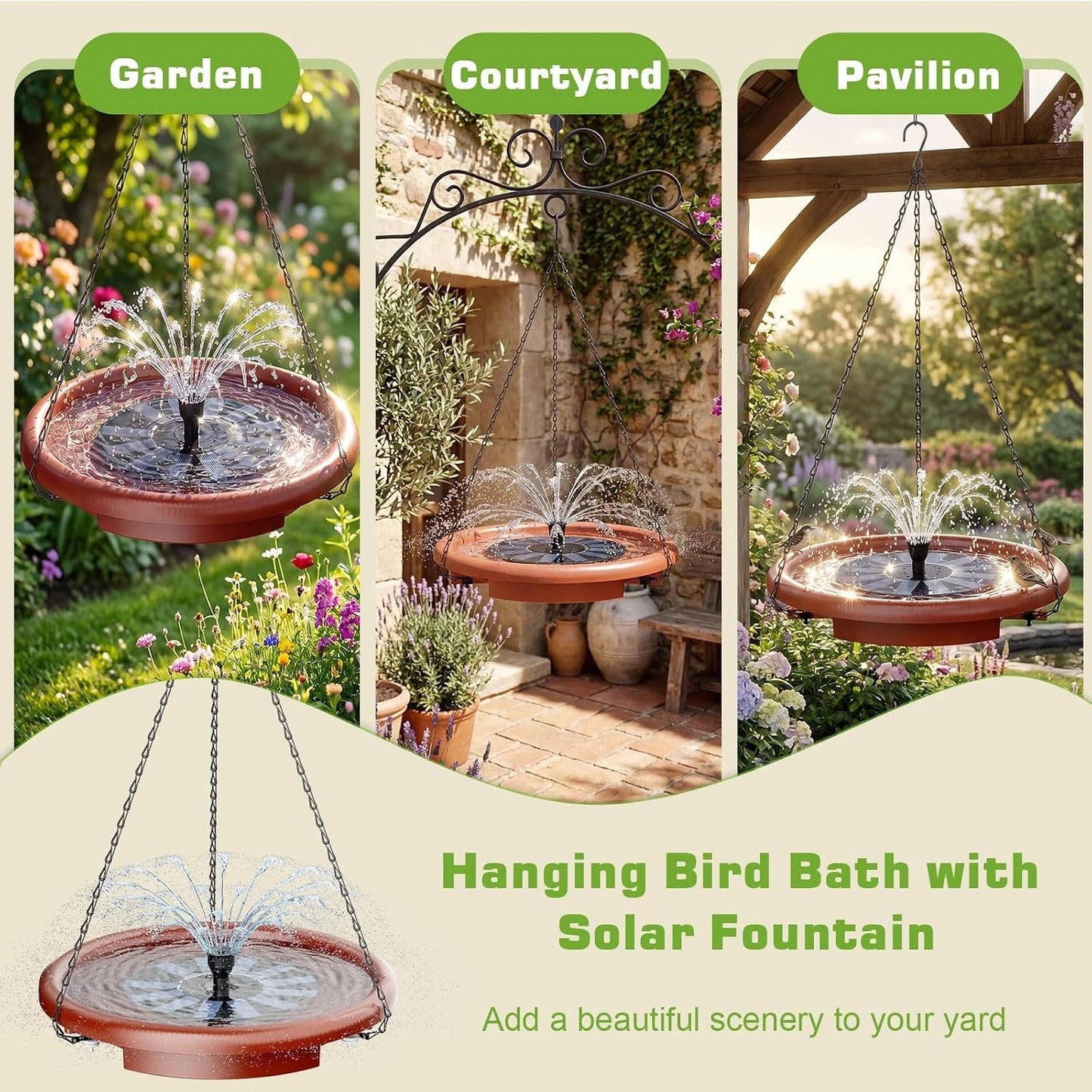 Solar Hanging Bird Bath With Fountain And Tiered Stand Design