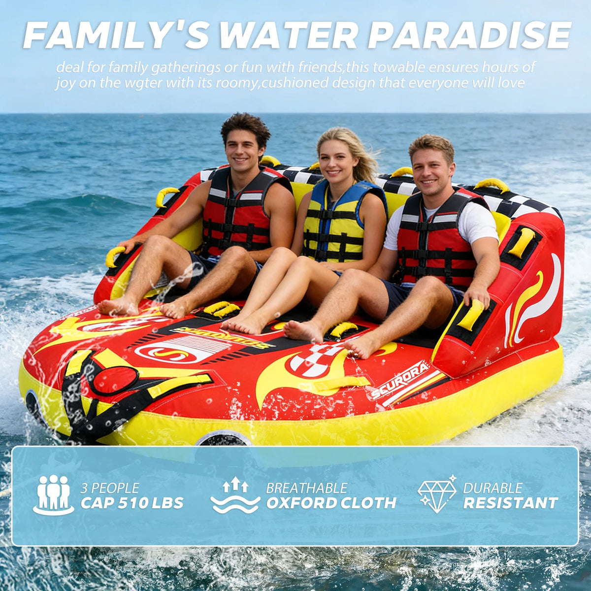 3 Person Towable Tube for Boating, Inflatable Sofa Boat Tube with Front & Back Tow Points, 0.65mm PVC & 840D Nylon Cover, for Lake River Water Sports Fun