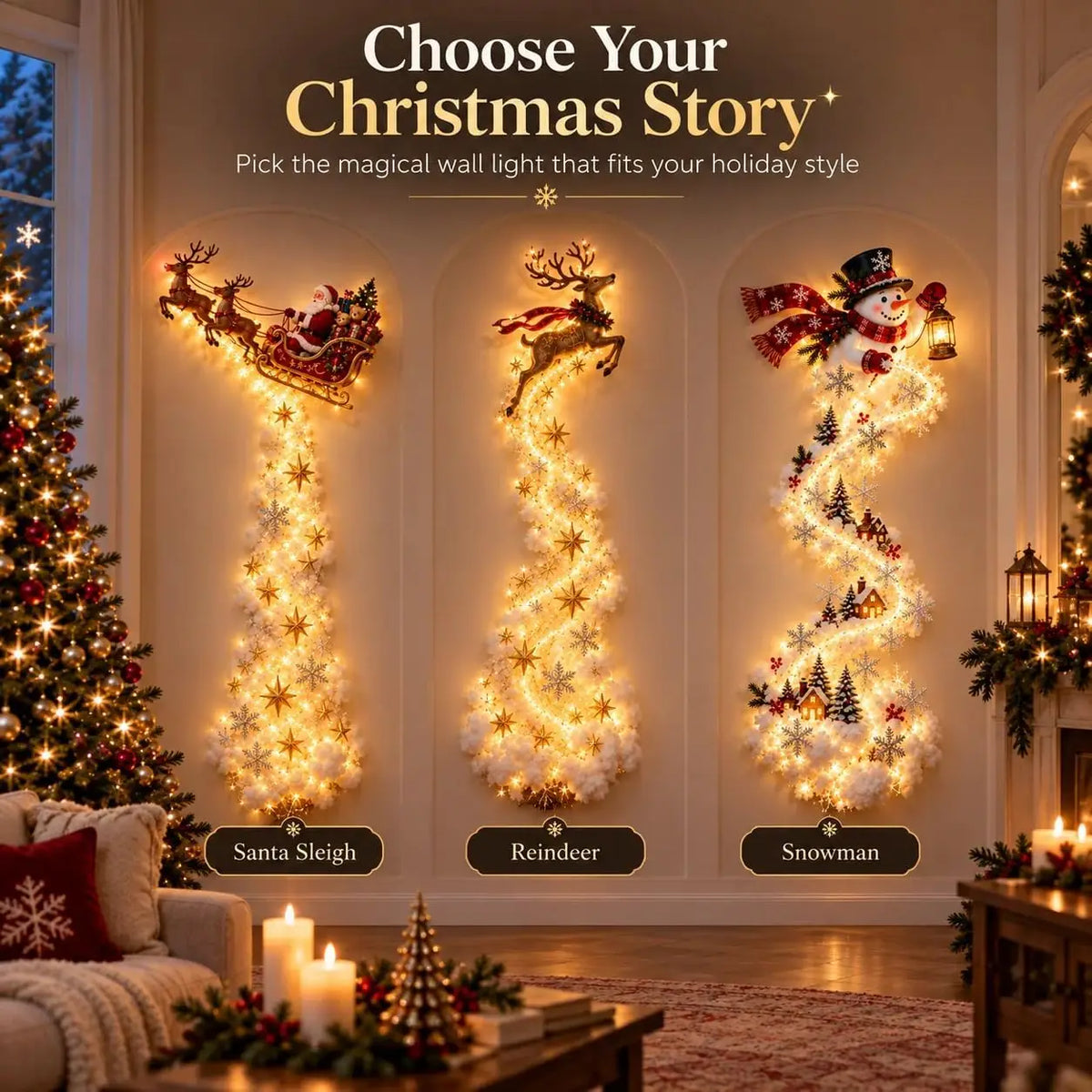Christmas Magic Trail Santa Sleigh Reindeer LED Wall Light Decoration