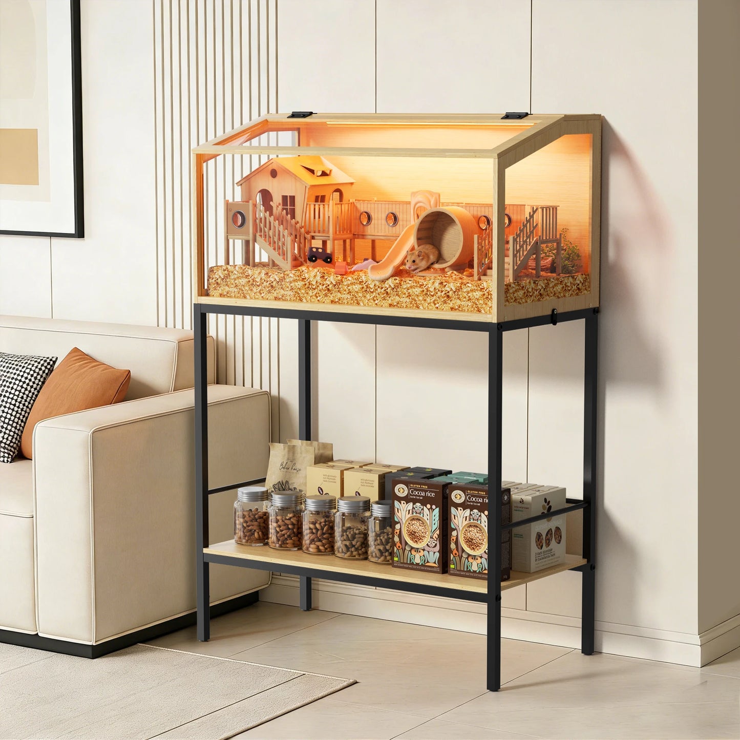 Wooden Hamster Cage With Tempered Glass Front And Storage Rack