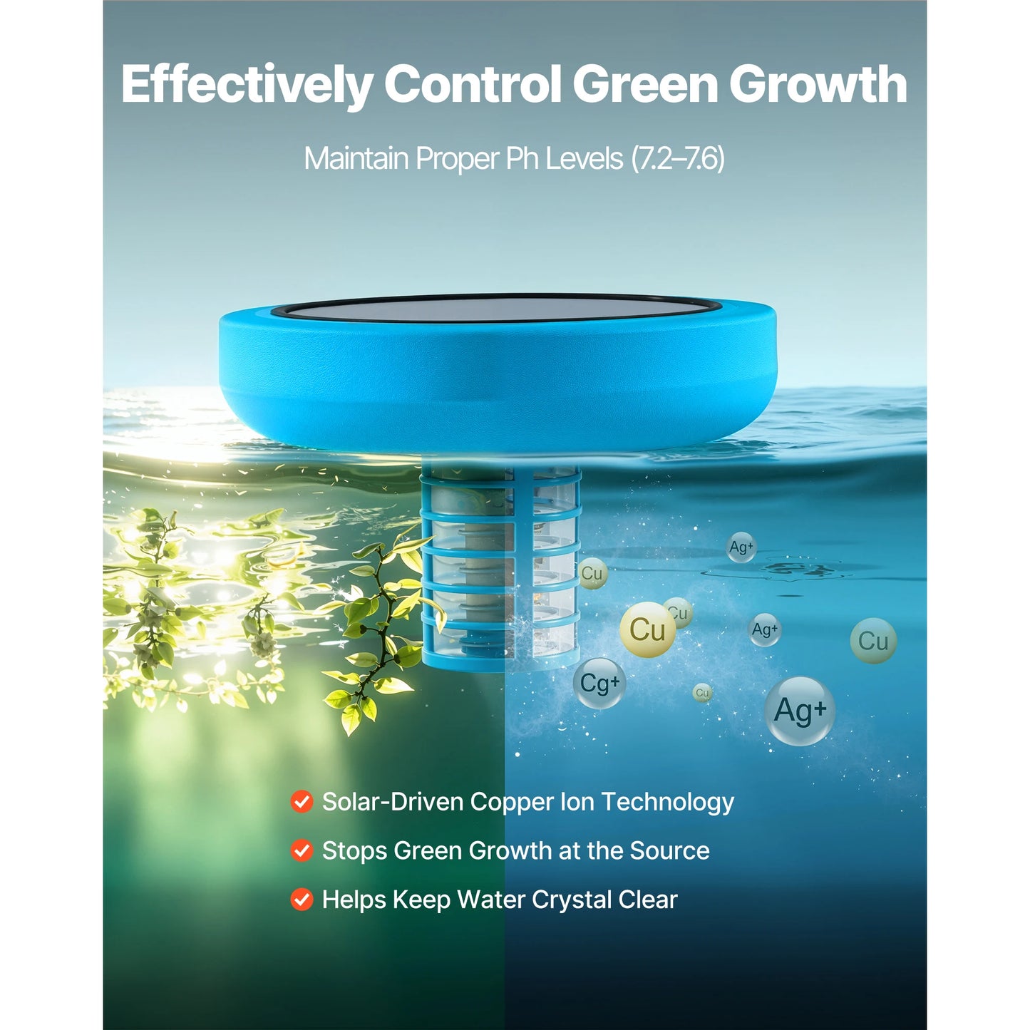 SucceBuy Solar Pool Ionizer Round Copper Floating Automatic Purifier Chlorine Free Water with Brush and Filter for Pools & Spas