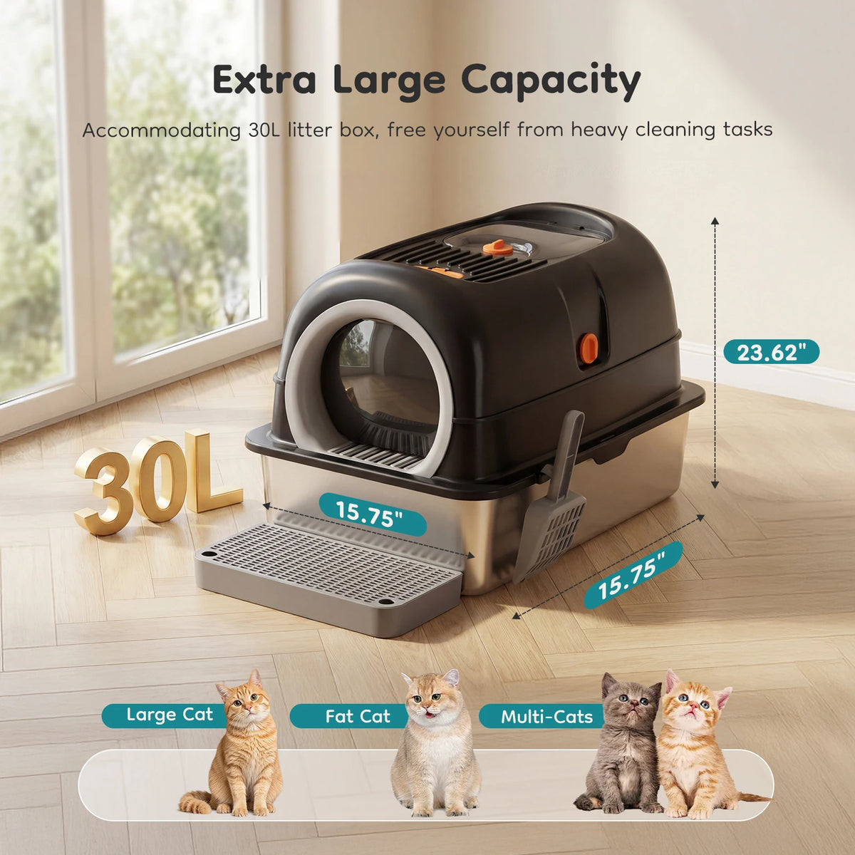 Stainless Steel Fully Enclosed Cat Litter Box With Scoop