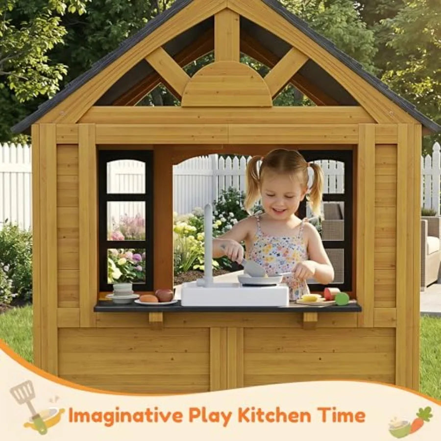 Mdng Outdoor Wooden Playhouse With Kitchen And Snack Bar