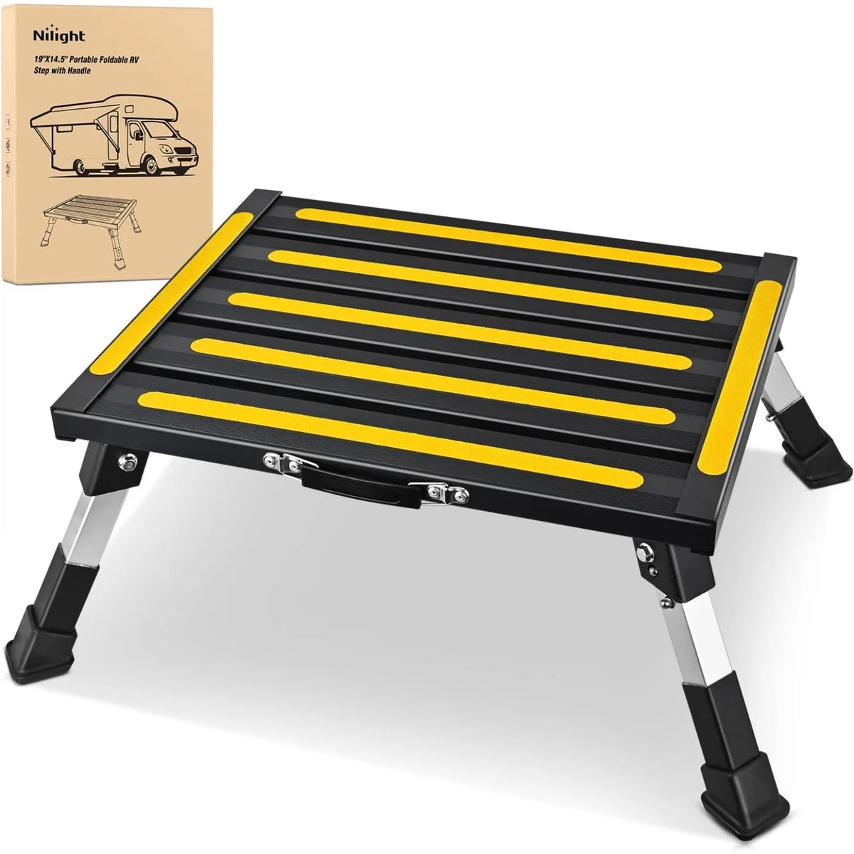 Nilight Portable RV Step Stool Folding Aluminum 19x14.5 Level Adjustable 500lbs Heavy Duty Anti Slip Platform for Camper Trailer