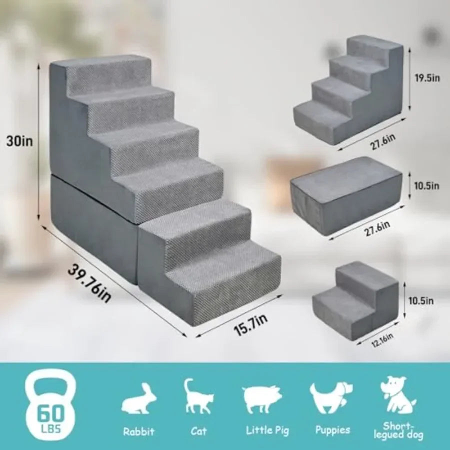 30 Dog Stairs for Small Dogs Cats to Access High Beds, Grey Polyester Fabric with Non-Slip Surface, No Assembly Required