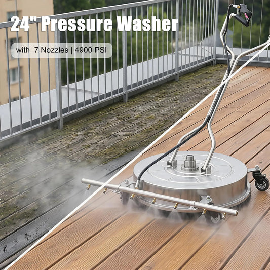 24" Pressure Washer Surface Cleaner Mate Attachment with 7 Nozzles Water Broom, Stainless Steel Dual-Handle, 4900 PSI Heavy-Duty for Driveway/Sidewalk/Deck/Patio