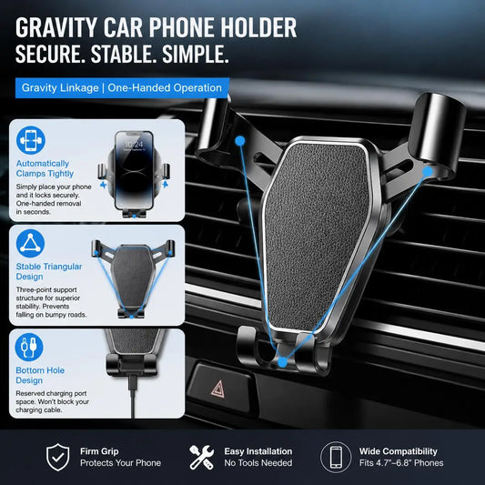 Gravity Car Phone Holder Air Vent Clip Mount Universal Auto Lock Anti Shake Hands Free Cradle Navigation Cell Phone Holder for Samsung Galaxy S20 S21 S22 S23 S24 Note Ultra Android Smartphone Car GPS Mount Bracket Automotive