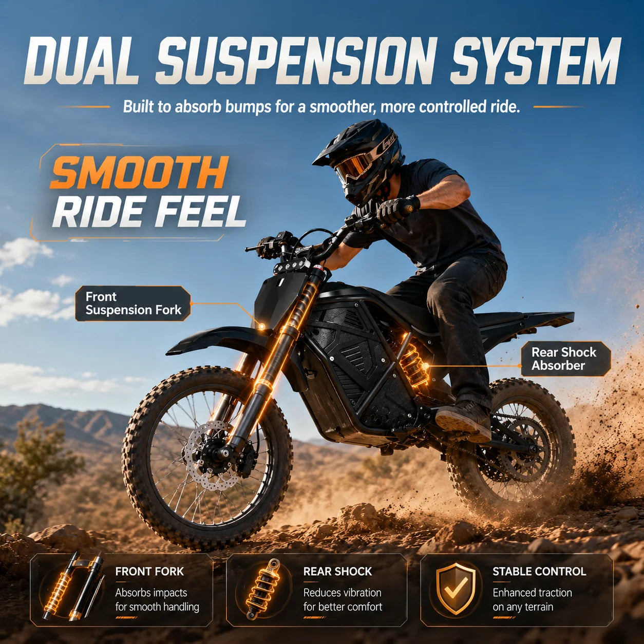 3000W Peak Power Electric Dirt Bike 48V 20.8Ah - 38MPH High Speed Off-Road E-Motorcycle with Dual Suspension & Dual Disc Brakes, 40-Mile Range, 3 Riding Modes