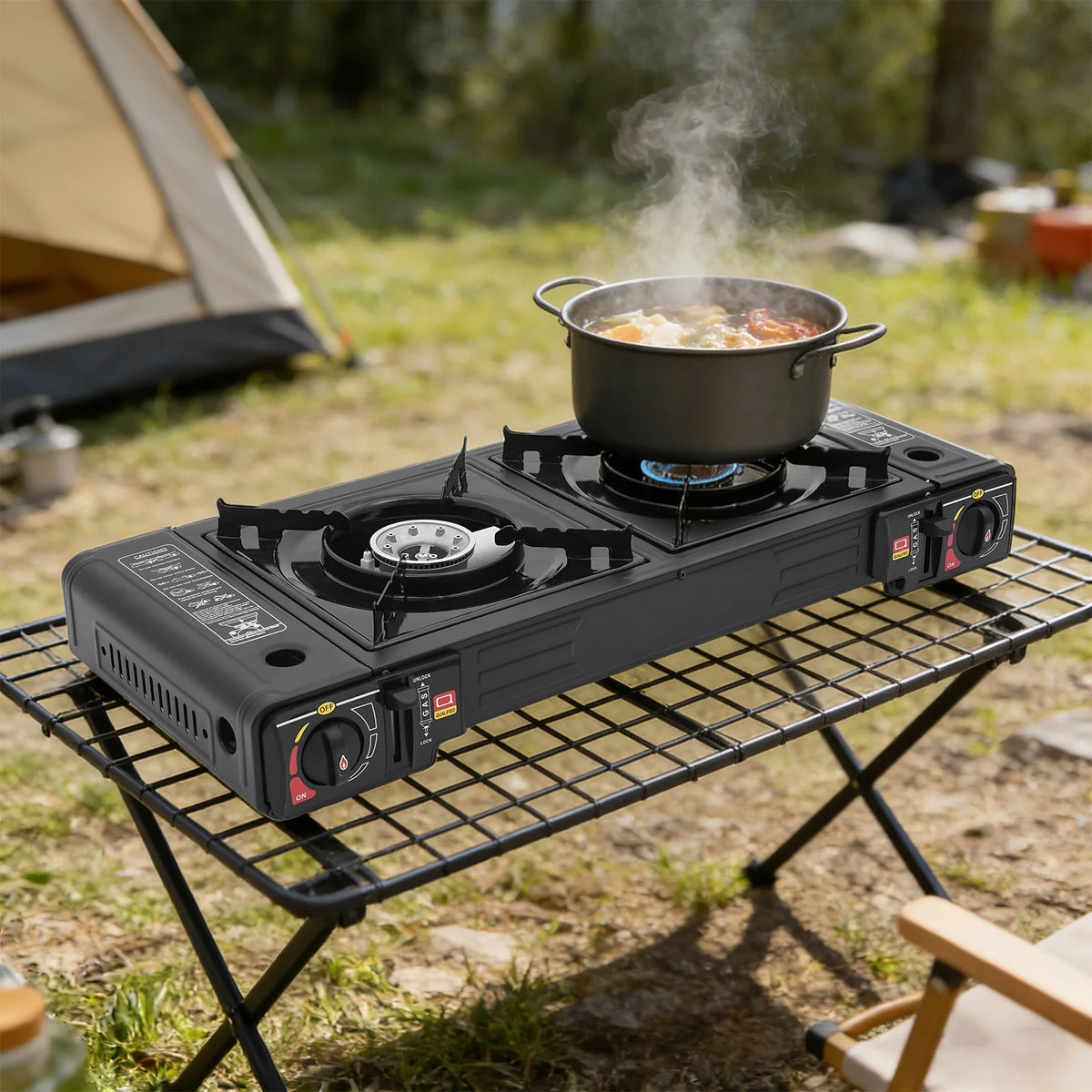 2 Burner Portable Camping Gas Stove 2500W Per Burner Dual Independent Control Knob Built-In Overpressure Safety Valve Dual Fuel Compatible Anti-Slip Feet With Carry Bag Outdoor Cooker For Picnic Yard Party RV Camping Cooking