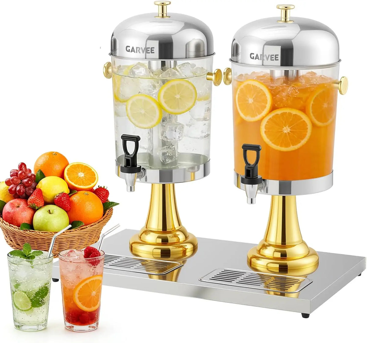 Tacleekii 2.2gal-6.6gal Commercial Drink Dispenser with Ice Core Stainless Steel Beverage Dispenser with Stand, Spigot & Drip Tray for Cold Juice Iced Tea Parties & Weddings