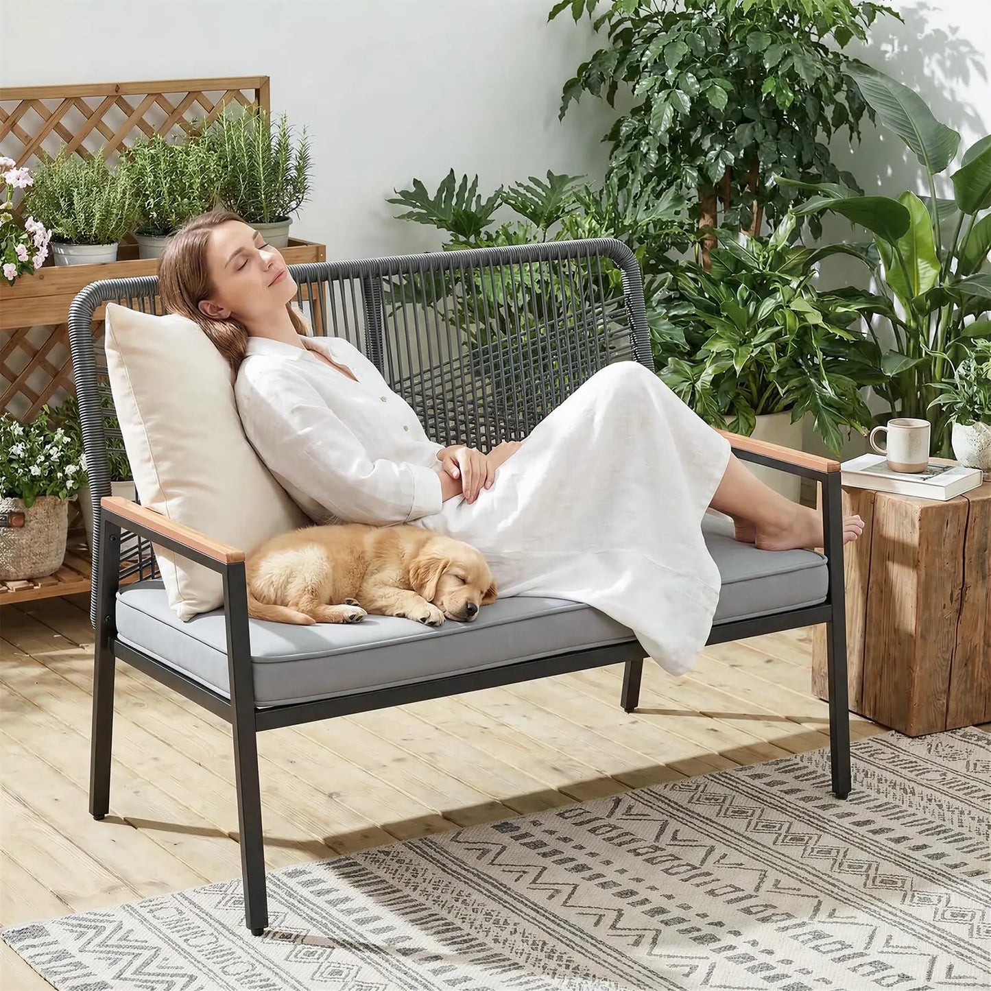 Rattan Patio Loveseat for 2 with Cushion,Patio Loveseat with Curved Back and WPC Armrest,Two-Person Seating for Porch,Balcony,Terrace