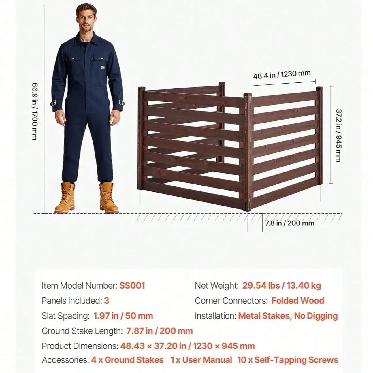 Wooden Privacy Fence, 48 X 37 Inch Air Conditioner Fence, 3 Panel Solid Outdoor Wood Privacy Screen With Metal Stakes, Steel Fra