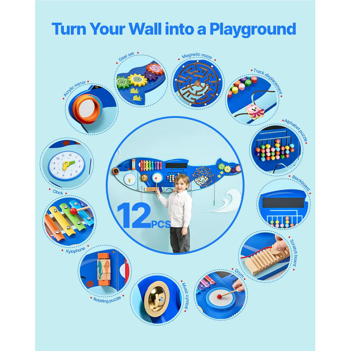 SucceBuy Kids Wall Busy Board Montessori Sensory Learning Activities