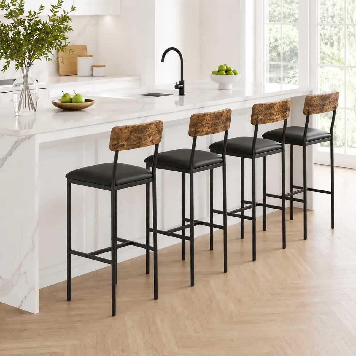 Heavy Duty Bar Stools With PU Leather Backrests And Footrests