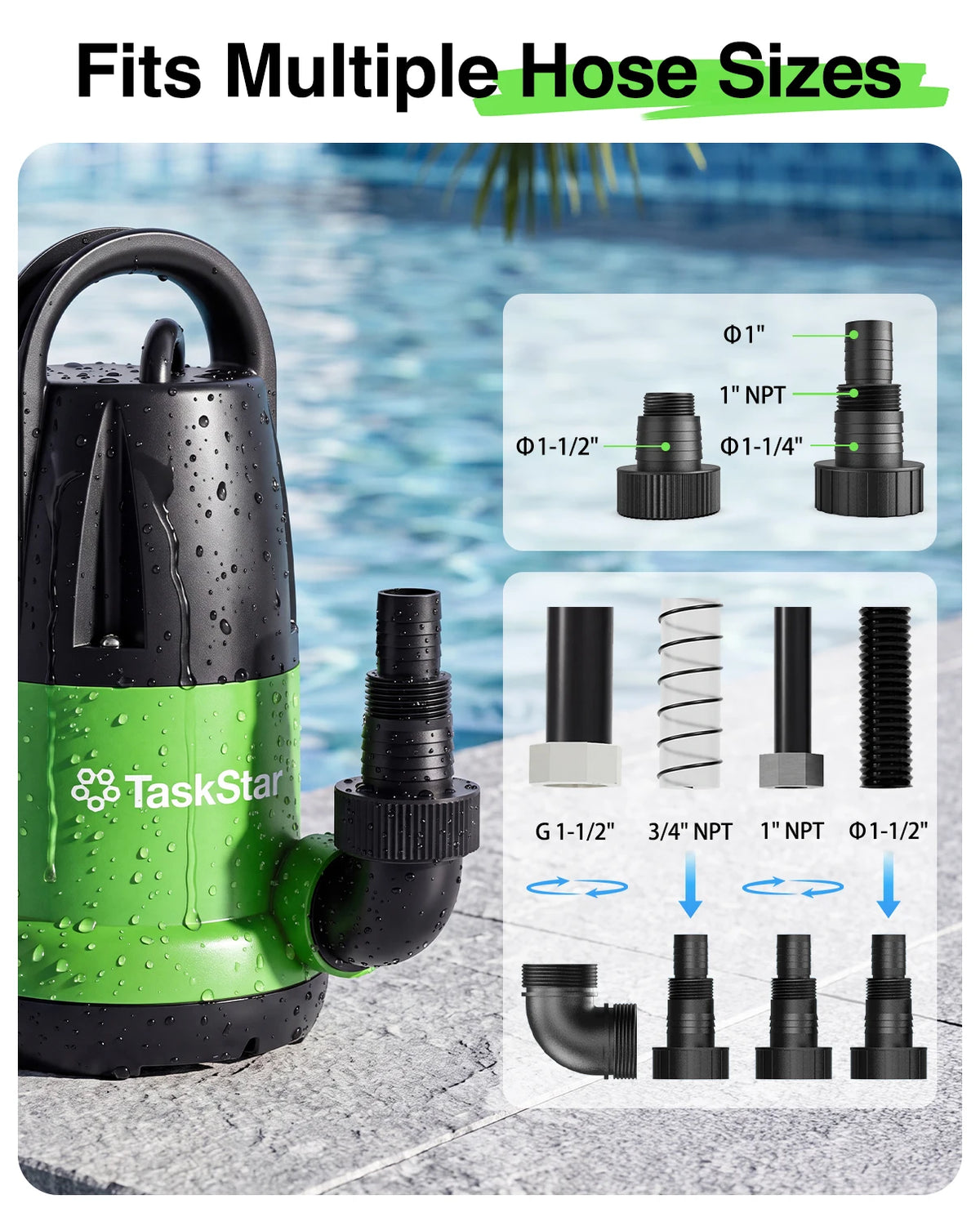 TaskStar 1HP Submersible Water Pump 4000GPH Sump Pump with 25Ft Long Cord Built‑in Vertical Float Switch 28Ft Max Lift for Basement Pool Hot Tub Yard Flood Drainage