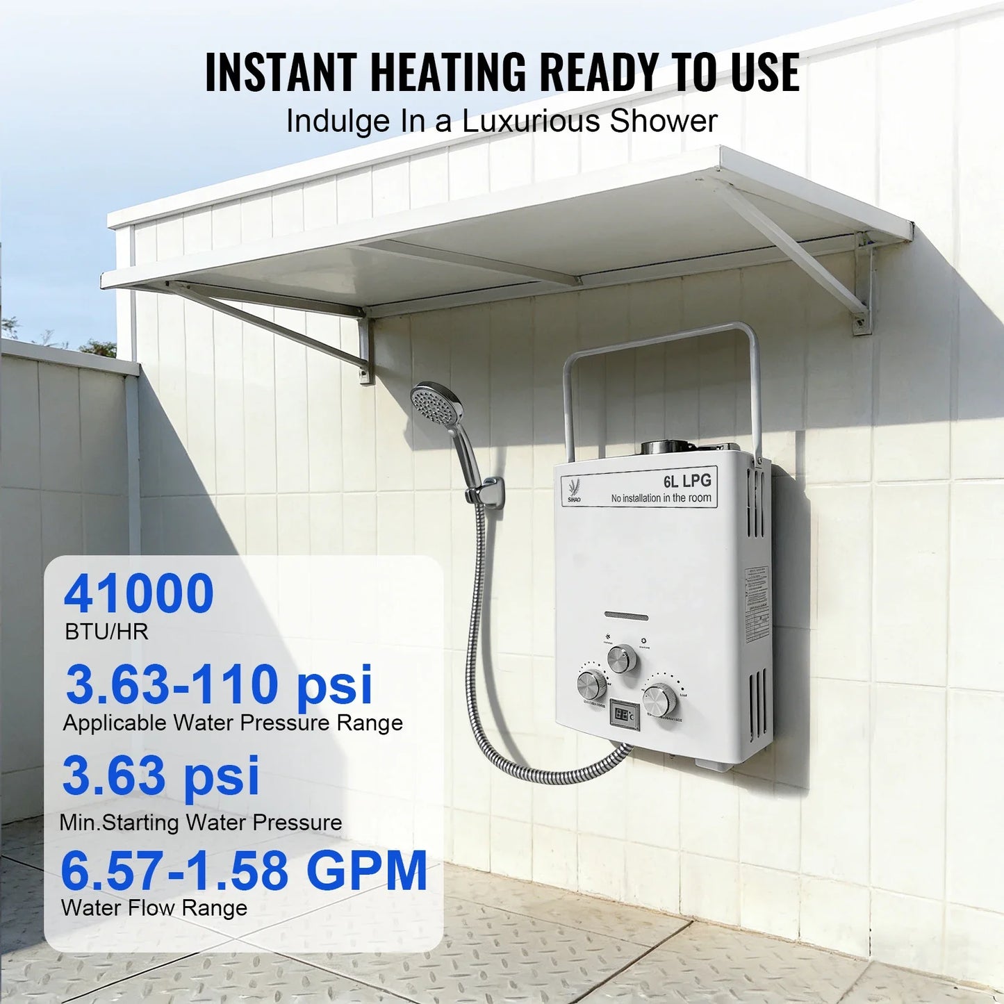 SIHAO 6L Instant Gas Water Heater with Digital Display — Portable Tankless LPG Heater for Outdoor Camping, Car Travel, RV, and Home Bathroom Hot Water Supply