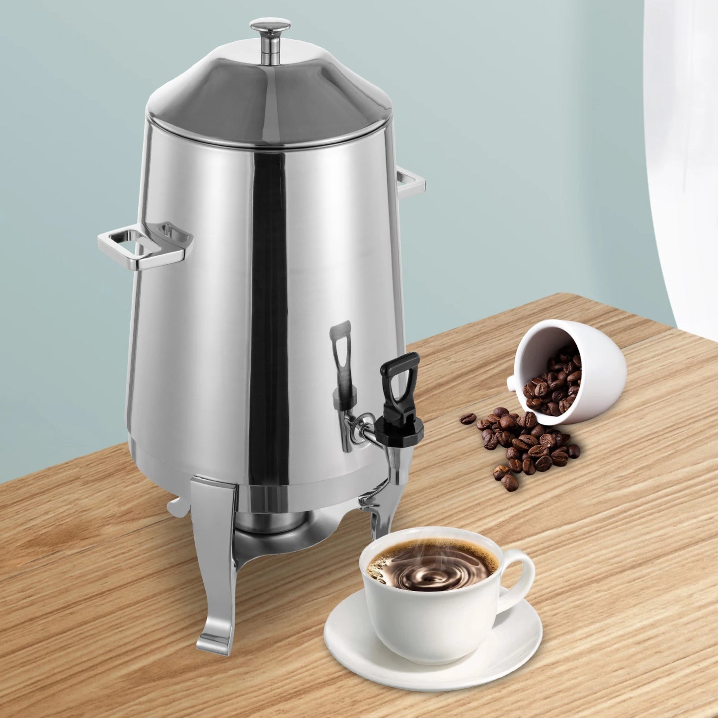 Alcohol Warmed Hot Drink Dispenser, Free Standing Stainless Beverage Container Insulated Anti-scald Handle Spill Control Tap Detachable Bottom Mounting Base Restaurant Buffet Milk Chocolate Holding Equipment