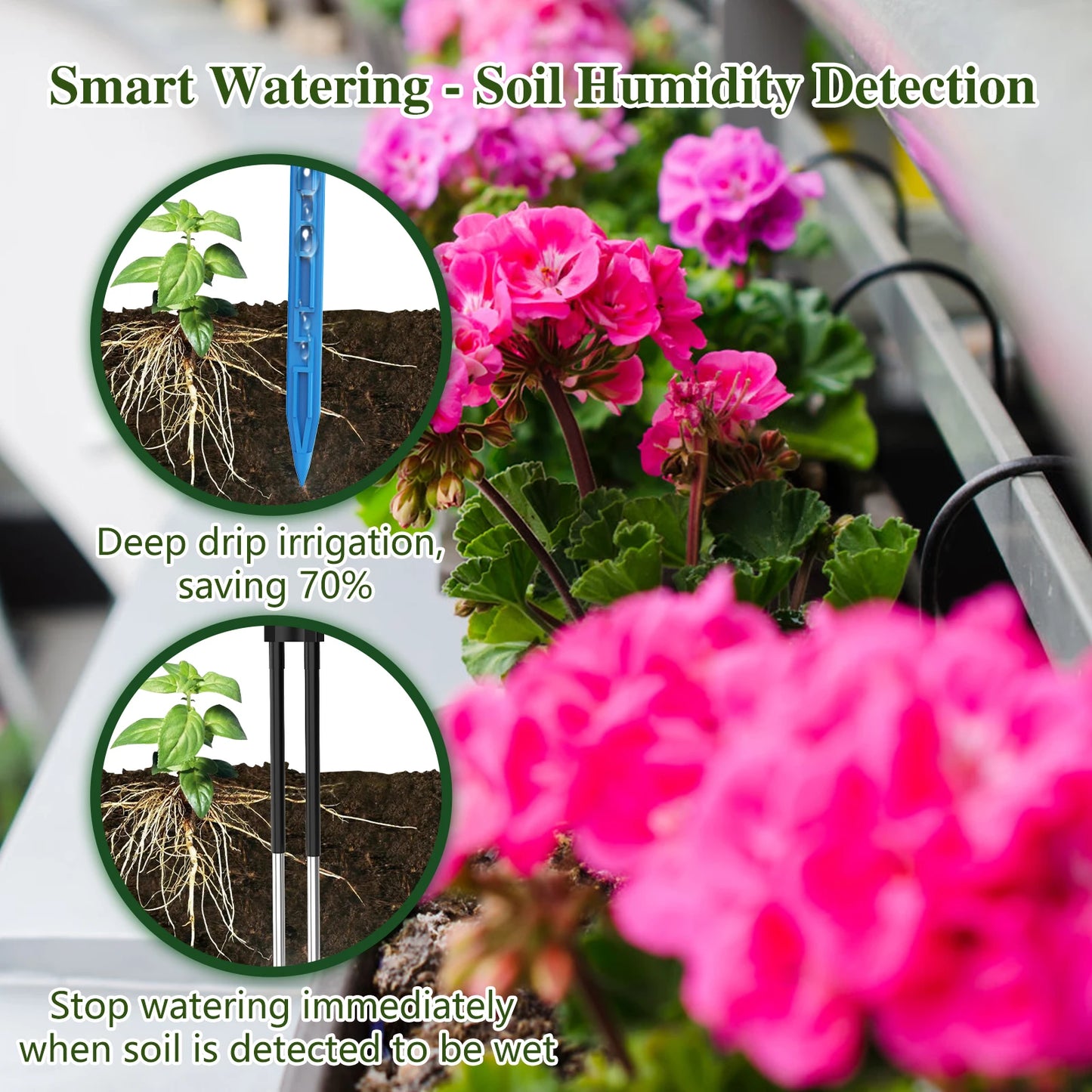 Solar Drip Irrigation Watering Sytem, with Dual Supply Option Solar-Powered&USB Charging, Multiple Watering Programs, DIY Watering Kit with Alarm Clock&15 Dripper for Potted Plants/Garden/Lawn ﻿