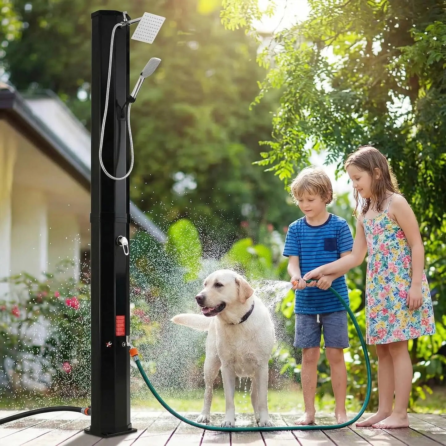 Solar Heated Shower,Outdoor PVC Freestanding Shower with 360 Rotating Rainfall,Handheld Head,Temperature Adjustment,Foot Faucet