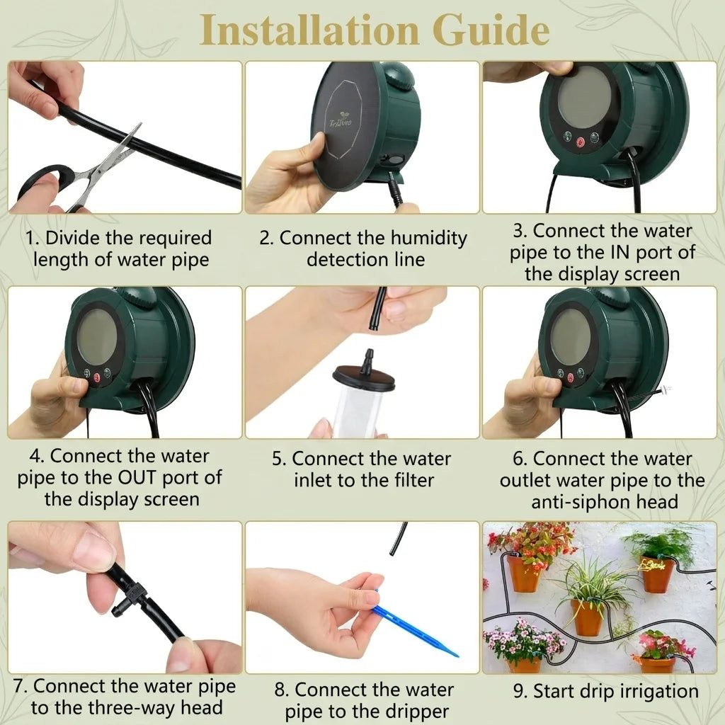 Solar Drip Irrigation Watering Sytem, with Dual Supply Option Solar-Powered&USB Charging, Multiple Watering Programs, DIY Watering Kit with Alarm Clock&15 Dripper for Potted Plants/Garden/Lawn ﻿