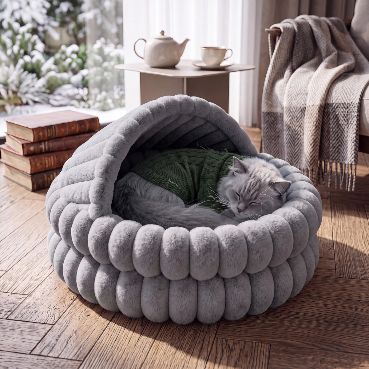 EliteZ Hooded Cat Cave Bed, Self Warming Enclosed Hideaway