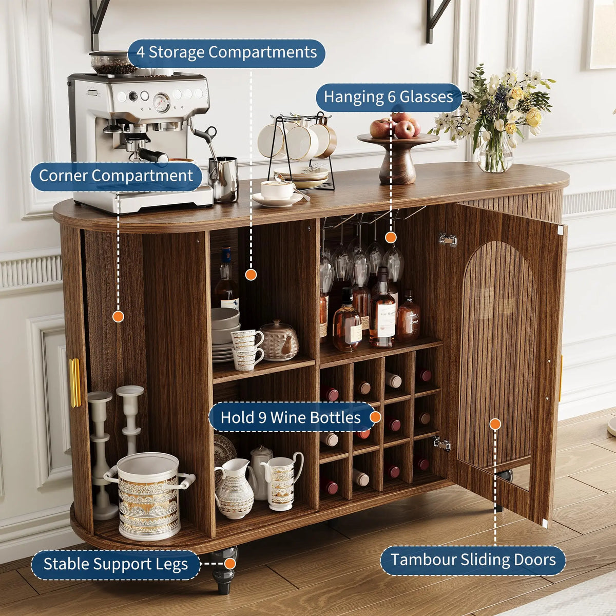 HiMISS Modern Bar Cabinet With Glass Doors And Wine Storage