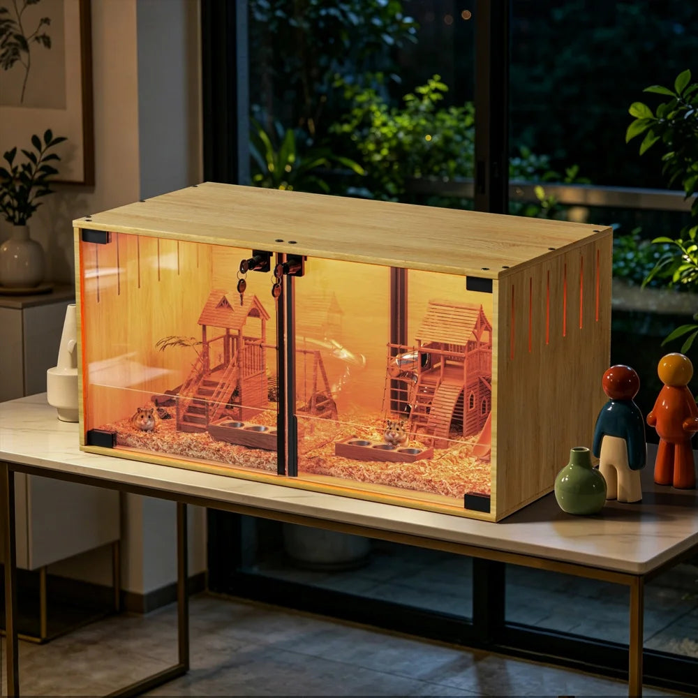 Wooden Hamster Cage Chew Proof Enclosure With Removable Divider