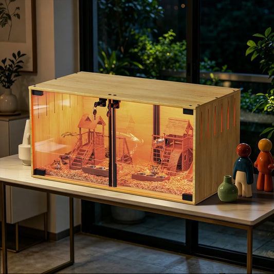 Wooden Hamster Cage Chew Proof Enclosure With Removable Divider