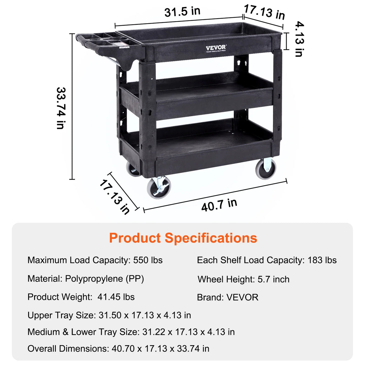 SucceBuy Three Tier Utility Cart With Swivel Wheels And Handles