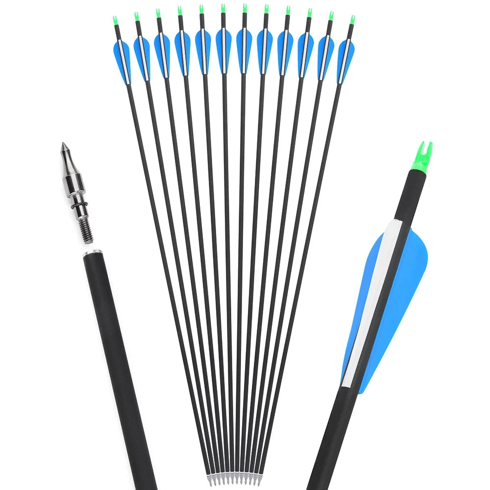 Hunting Carbon Arrows 12pcs 31.5 Inch Spine 500 ID6.2mm OD7.8mm 3 Inch Rubber Feather 100 Grain Tips for Recurve Bow