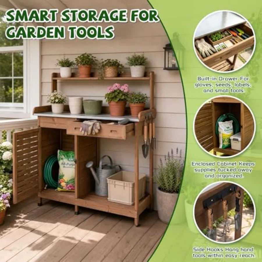 Outdoor Potting Bench Table For Patio, Backyard, Garden, Greenhouse; Wooden Frame With Metal Tabletop; Natural Brown; Includes
