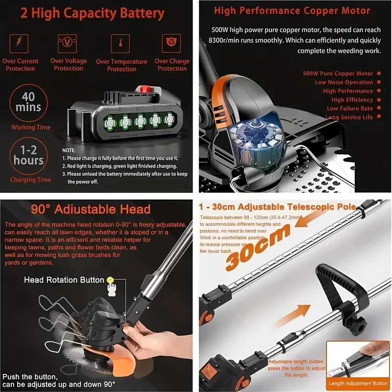 Wireless Electric Weed Trimmer And Lawn Edger With Dual Batteries