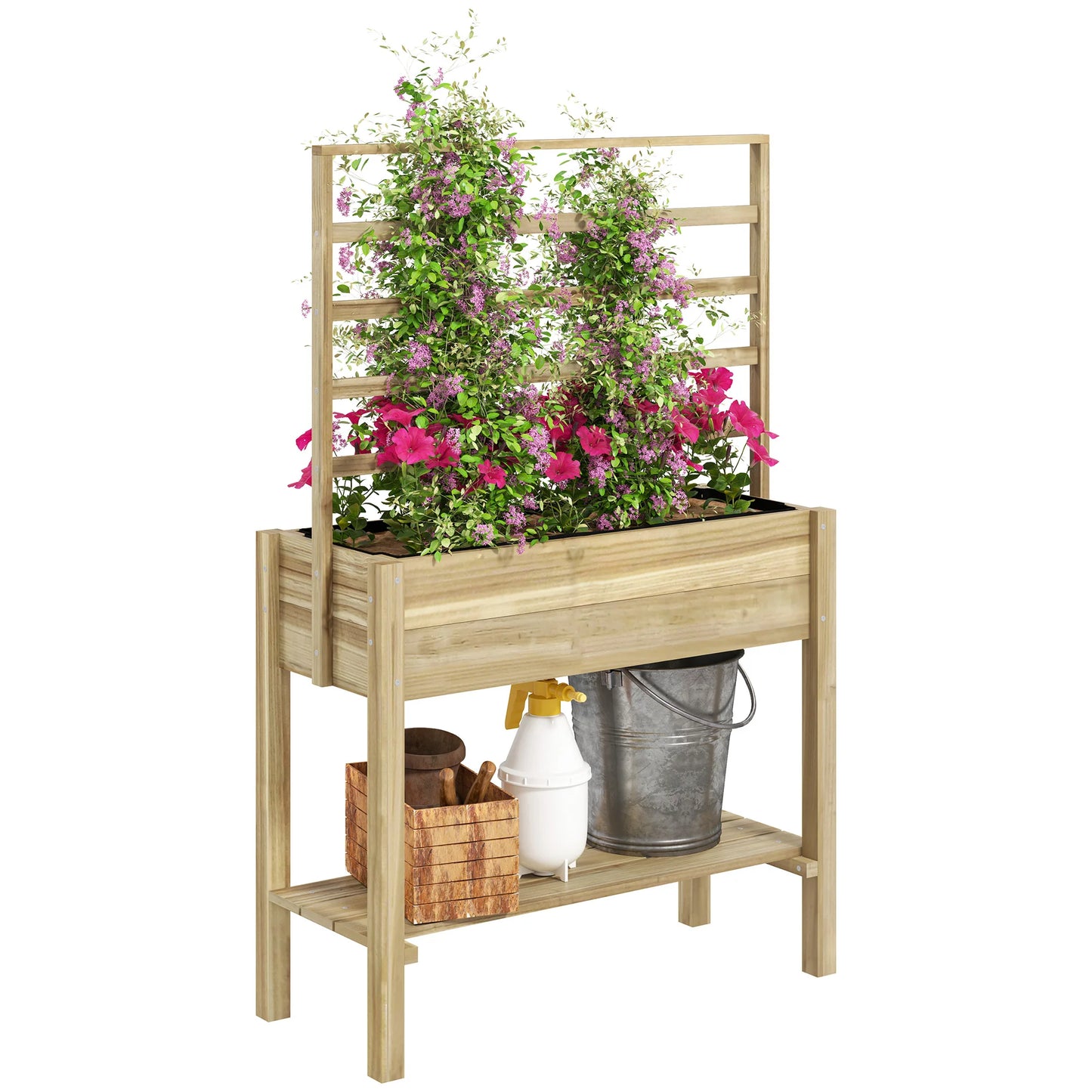 Wooden Raised Planter Box with Trellis, Raised Flower Bed with Storage Shelf, Outdoor Garden Planter for Vegetables, Flowers, Herbs