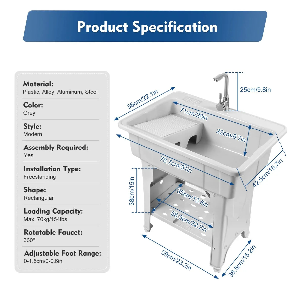 Bymaocar Freestanding Heavy Duty PP Utility Laundry Sink