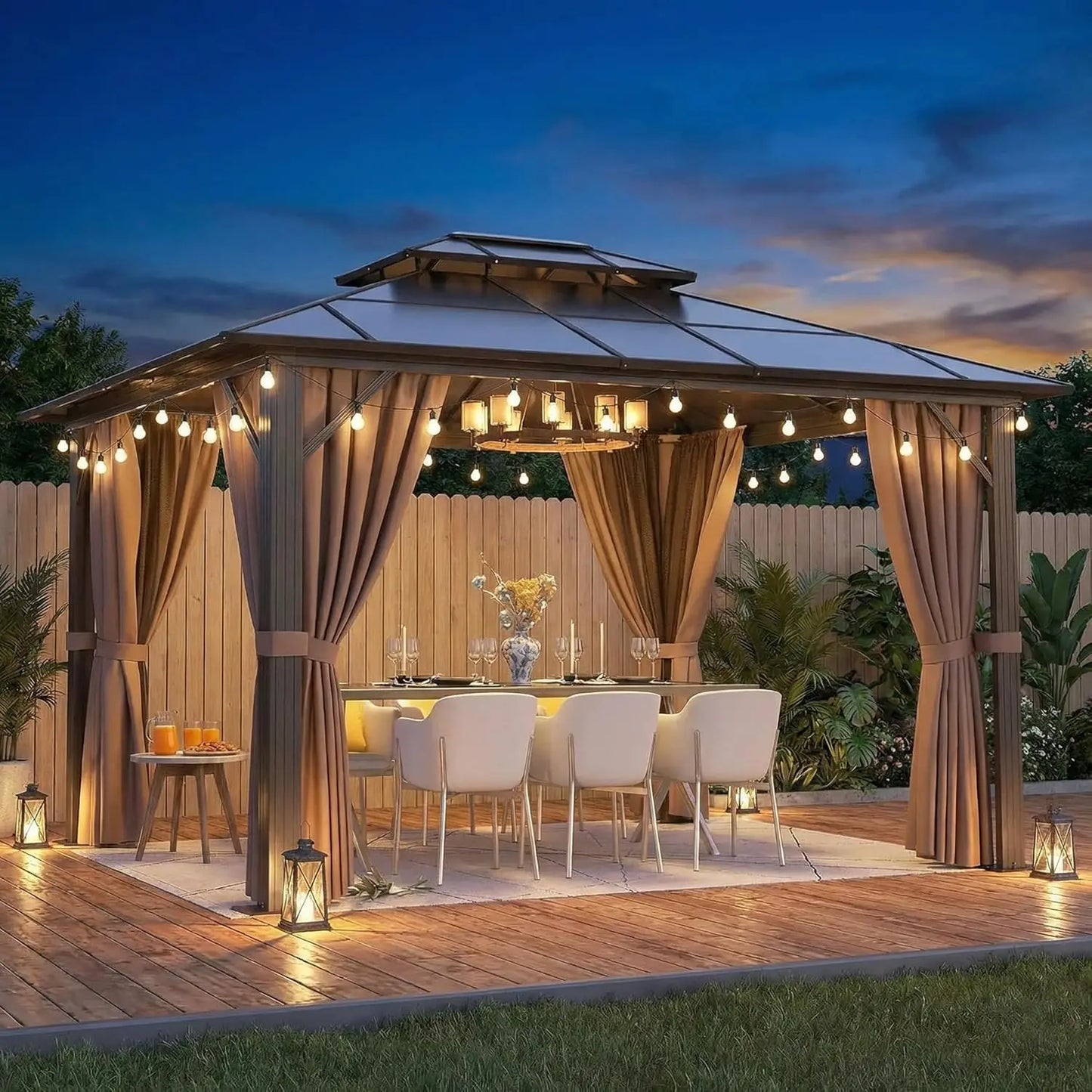 10'x12' Hardtop Gazebo, Aluminum Frame Permanent Pavilion with String Lights,Curtains and Netting, Outdoor Metal Gazebo, Custom