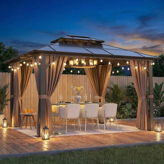 10'x12' Hardtop Gazebo, Aluminum Frame Permanent Pavilion with String Lights,Curtains and Netting, Outdoor Metal Gazebo, Custom