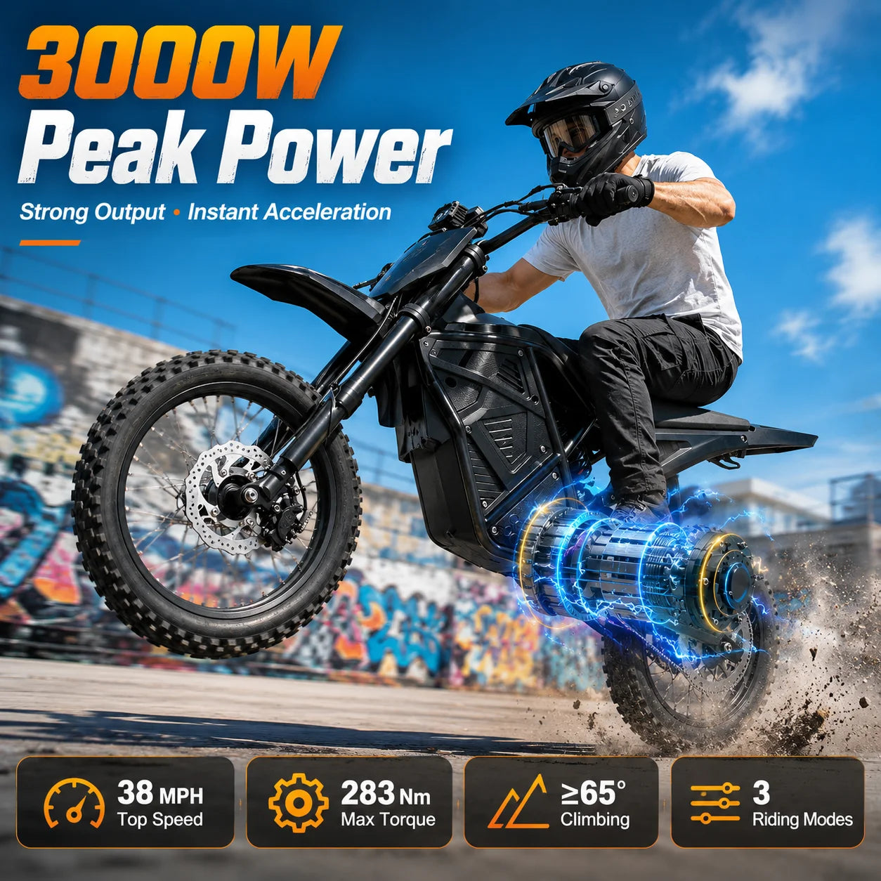 3000W Peak Power Electric Dirt Bike 48V 20.8Ah - 38MPH High Speed Off-Road E-Motorcycle with Dual Suspension & Dual Disc Brakes, 40-Mile Range, 3 Riding Modes