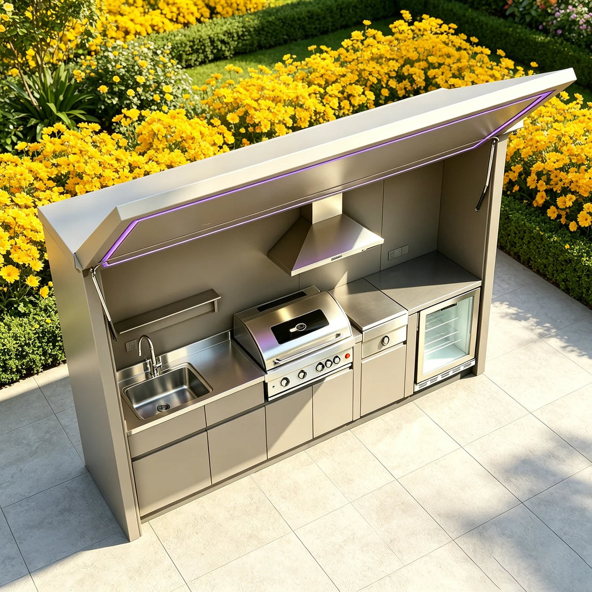 2026 Top Outdoor Kitchen Design, Aluminum Cabinet with Sun Shade, Complete Cookware Set & Durable Motorized Door for Garden
