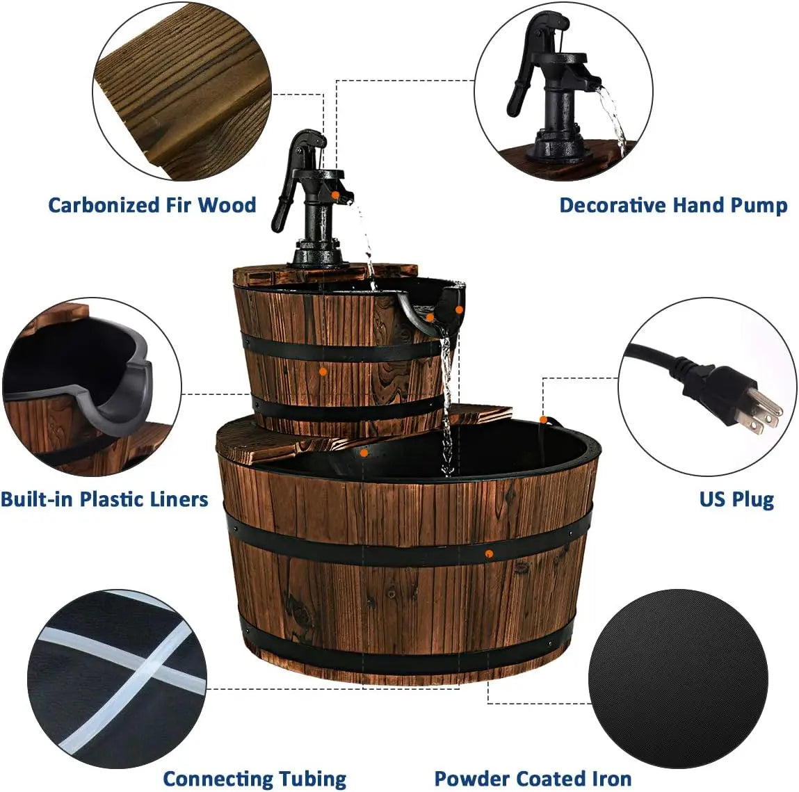Two Tier Wooden Barrel Waterfall Fountain With Electric Pump