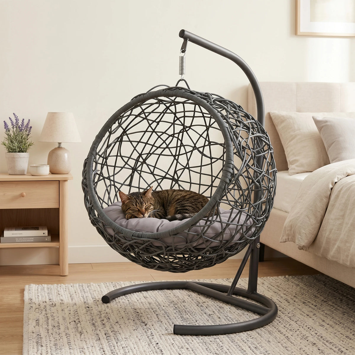 Rattan Wicker Cat Swing Bed With Stand And Plush Cushion